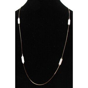 Gold Tone Elongated White Bead Chain Necklace Classic Fashion Long 24" Delicate